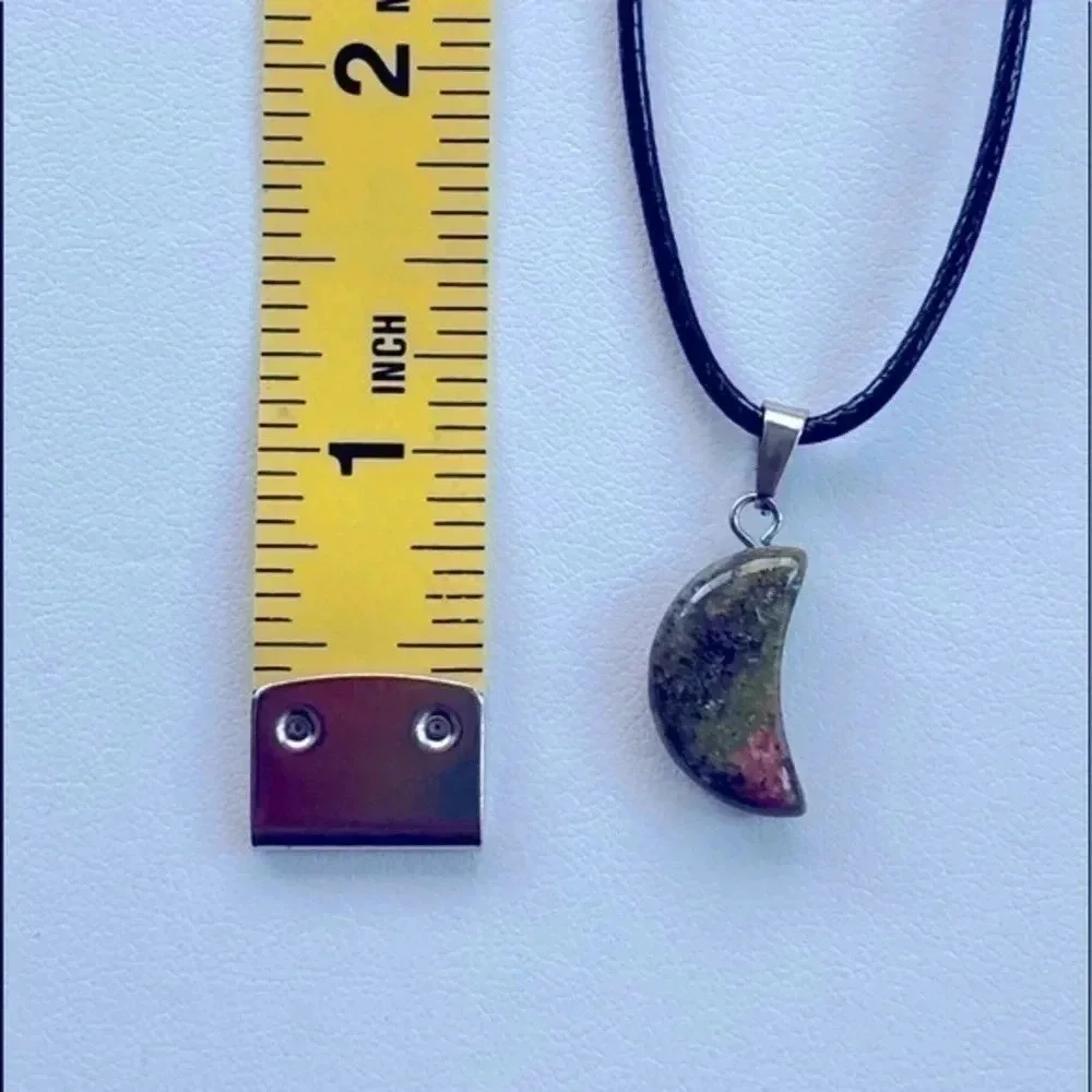 Unakite Moon Pendant Leather Necklace NWT